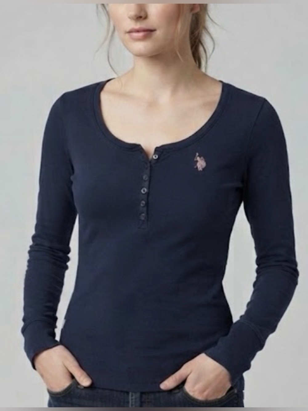 U.S. POLO ASSN. henley navy blue pink long sleeve cotton top classic size M